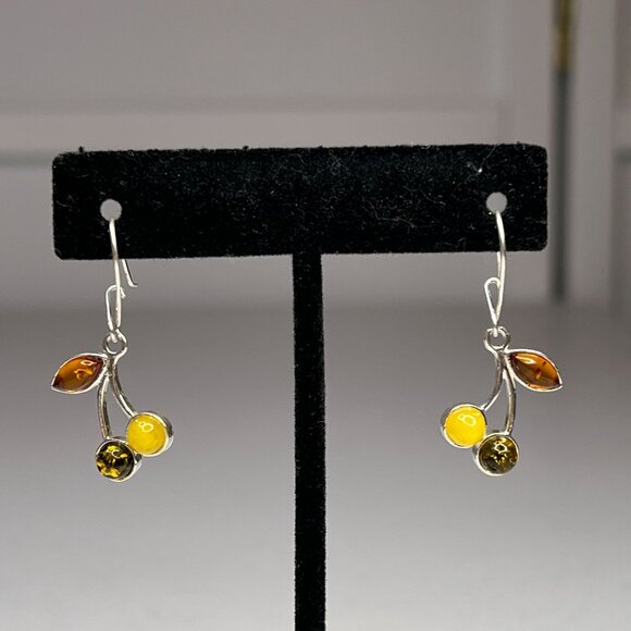 Sterling Silver 925 Amber Drop Dangle Earrings With Leaf & Round Design - Picture 4 of 14